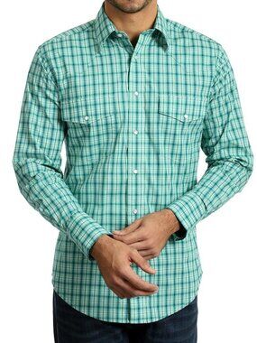 Mens Wrangler Green Plaid Western Pearl Snap